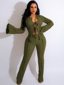 Two-Piece Set Women's Solid Tie Front Flounce Sleeve Blouse & Pants Set, Casual Fashion Cozy Top & Trousers for Daily Outdoor Wear, Ladies Clothes for All Seasons, Womenswear