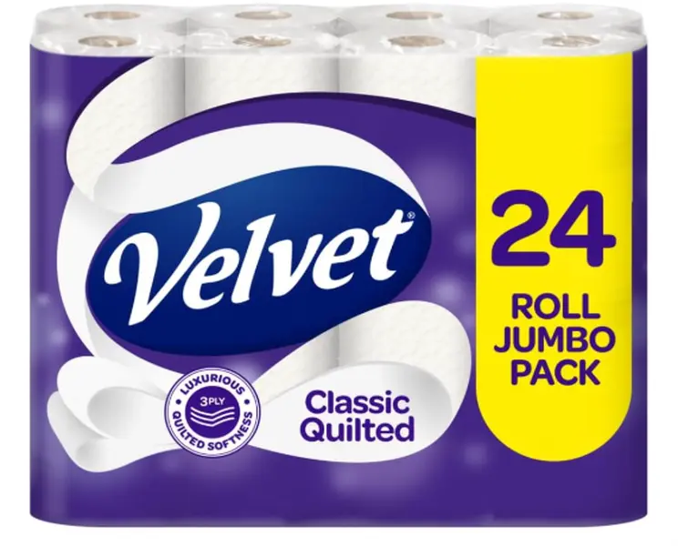 Velvet Classic Quilted Toilet Tissue 24 Rolls - Luxuriously Soft, Strong and Absorbent Toilet Roll - Jumbo Bulk Pack 24 Rolls - 3-ply - White