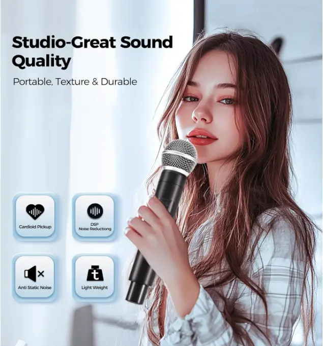 Microphone Wireless, Microphone with One-to-One Chip Connection, 40H Duration, 200 FT Distance Receiving, Rechargeable Receiver, Wireless Microphones for Singing, Video Recording, Home Party (Black) 4