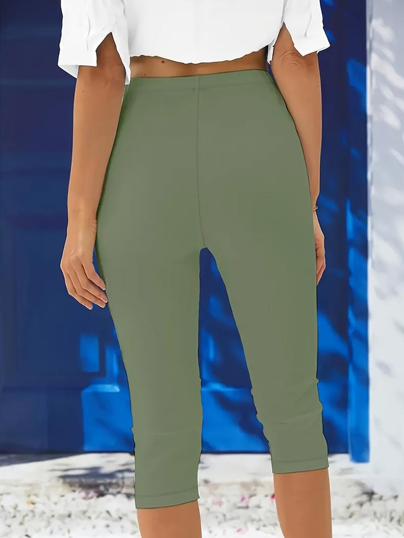 Product Introduction of Plus Size Solid Skinny Capris Leggings, Women's Casual Crop For Spring & Summer 7