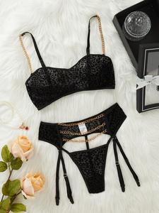 Women's Two-Piece Set Leopard Print Chain Decor Garter Sexy Lingerie Set, Cut Out Mesh Adjustable Strap Underwear Set, Fashion Comfy Women's Lingerie & Underwear Set for All Seasons