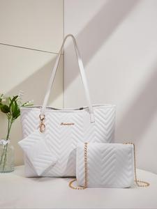 Women's Elegant Quilted Bag Set, Including Letter Label Tote Bag & Crossbody Bag & Long Wallet, Fashion Plain Color Versatile Bag Set for Daily Use