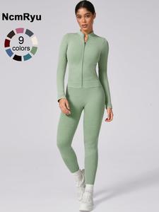 Women's Seamless High Elastic Thread Collar Zipper Long Sleeve High Waist Shaping Trousers Yoga suit Outdoor Running Cycling Hiking Walking Fashion suit All-match long-sleeve trousers for gym training
