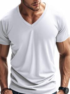Men's Solid V Neck Short Sleeve Sports Tee, Regular Fit Casual Comfy Breathable T-shirt for Daily Wear, Men's Sportswear for All Seasons, Athletic Sports Clothing
