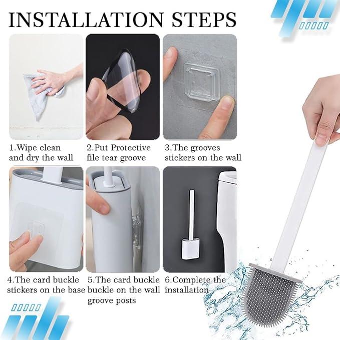 Silicone Toilet Brushes & Holders – Pack of 1 Long Non-Slip Handle, Flexible Bristles for Easy Cleaning – Modern Drip-Free Base, Durable White Bathroom Toilet Brush Set With Holder 6