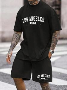 Men's Letter Print Short Sleeve Tee & Shorts Set, Regular Fit Casual Round Neck T-shirt & Track Shorts, Summer Clothes Set for Men