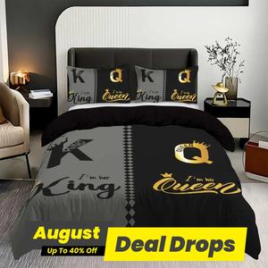 K and Q Letter with Crown, Black and Gray Printed Fashionable Bedding Set, 1 Quilt Cover+2 Pillowcases, Polyester Fiber Bedding Set, King Size Bed, Couple Bed Or Single Bed, Suitable for Adult Bedrooms, Couple Rooms and Hotels