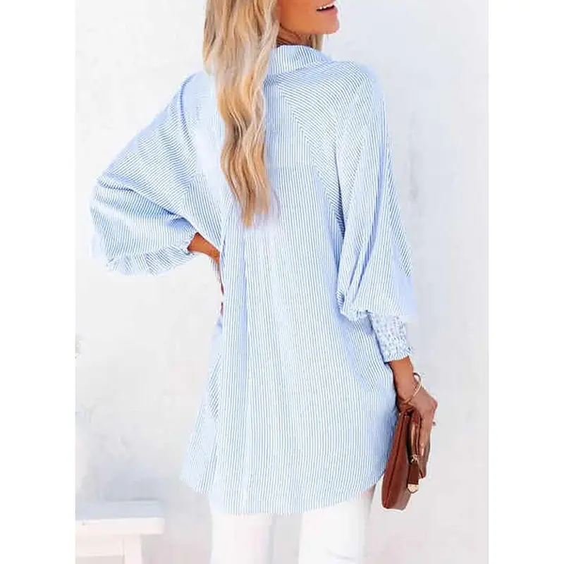 Womens Smocked Cuffed Striped Boyfriend Shirt Casual Collar Long Sleeve Oversized Button Down Blouse Tops with Pocket Shirred 1
