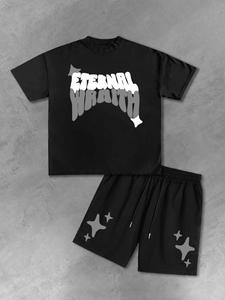 Men's Letter Print Tee & Track Shorts Set, Street Fashion Casual Short Sleeve T-shirt & Shorts, Two-piece Outfits for Daily Wear