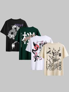 Men's Regular Fit Letter & Dragon & Bird & Floral Print Round Neck Tee, Street Fashion Casual Soft Comfy Short Sleeve T-shirt for Daily Wear, Men's Summer Clothes