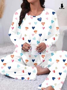 Plus Size Two-Piece Set Heart Print Pyjama Lounge Set, Casual Long Sleeve Tee & Pants, Women's Plus Sleepwear & Homewear for Spring & Fall