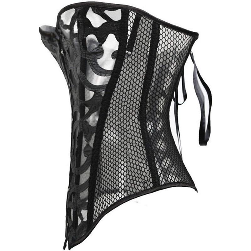 Kelvry Women's Sexy Satin Waist Cincher Lace up Boned Overbust Corset Basque Bustier Top Black 6-24 2