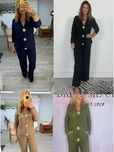 Find Fashion Women's  Cheesechloth Long Sleeve V Neck Gold Buttoned Top And Trousers Co-Ord Set For Ladies One Size(Fits UK 8-14)