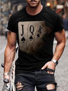 Men's Poker Print Round Neck Tee, Regular Fit Casual Short Sleeve T-shirt, Men's Summer Top for Daily Wear