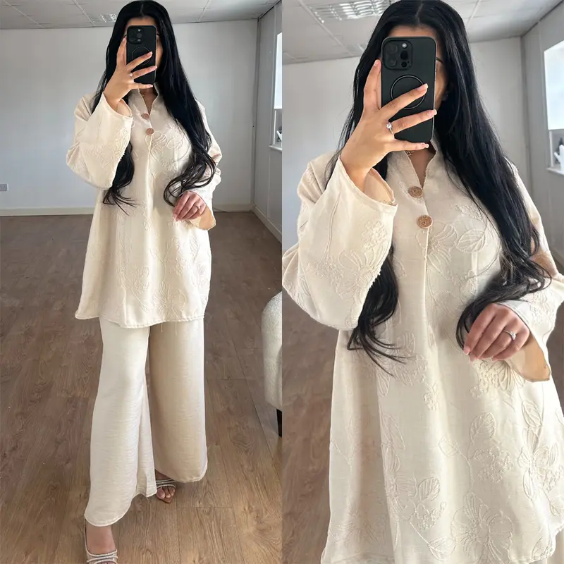 Ladies Premium Floral Embroidered Magic Button Linen Two Piece Co-Ord Set Womens Cotton Long Flare Sleeve Top Wide Leg Pants Trousers Loose Fit Summer Holiday Modest Loungewear Womenswear Overall Outfits 5