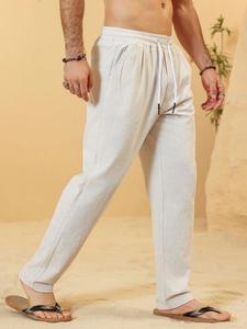 Men's Plain Drawstring Waist Straight Leg Pants, Casual Comfortable Fitted Design with Pockets, Spring & Fall Fashion, Casual Solid Drawstring
