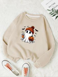 Women's Halloween Themed Ghost Print Drop Shoulder Sweatshirt, Casual Long Sleeve Round Neck Pullover for Daily Wear, Ladies Fall & Winter Clothes