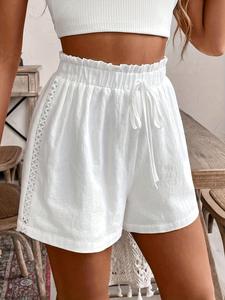 Women's Solid Color Paper Bag Waist Shorts, Elegant Fashion Casual Lace Cutout Shorts for Daily Outdoor Wear, Women Bottoms for Summer