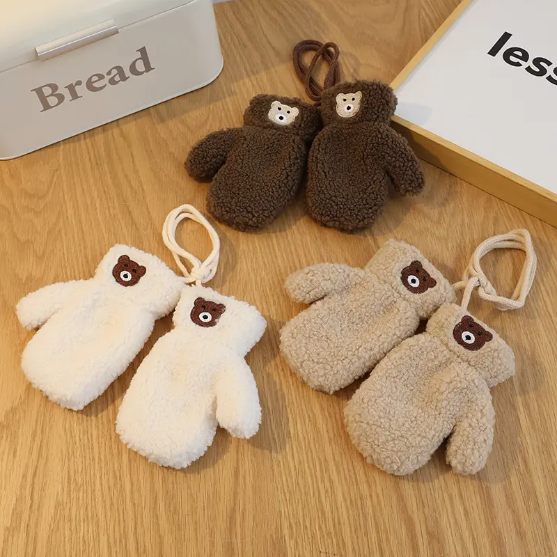 Bear Winter Baby Scarf Gloves Set Faux Lamb Wool Korean Warm Kids Neck Warmer Mittens Children Boys Girls Accessories 2-6Years 3