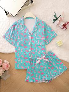 Two-Piece Set Women's All Over Print Pocket Shirt & Shorts Pyjama Set, Casual Comfy Short Sleeve Top & Shorts PJ Set, Ladies Sleepwear for Summer