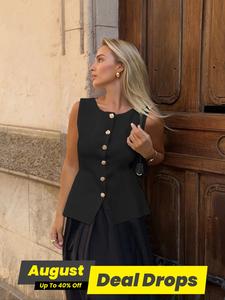 Women's Solid Button Vest, Casual Chic Sleeveless Outerwear for Summer, Ladies Fitted Clothes for Daily Wear, Womenswear, Minimalist Elegant Vest Tops Women Uk, Sleeveless Blazer Vest