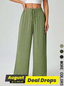 Women's Solid Color Tie Waist Wide Leg Pants,   Casual Trousers for Daily Wear, Ladies Bottoms for All Seasons