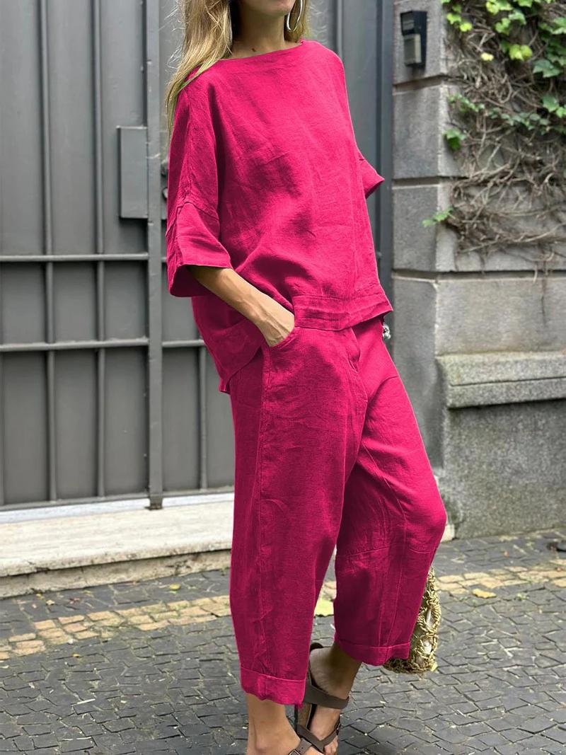 Product Introduction of Fashion Cotton Linen Women Suit Casual Half Sleeve O Neck Top And Loose Pocket Pants 2 Piece Set 2025 Spring Summer Sets Female 4