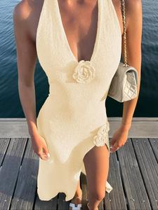 Women's Plain Flower Decor Halter Dress, Elegant Sleeveless Tie Back Dress for Party Dating Wear, Ladies Summer Clothes