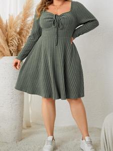 【Plus Size】 Solid Drawstring Sweetheart Neck A Line Dress, Casual Long Sleeve Ribbed Dress for Fall, Women's Fall Clothes for Daily Wear,girl in the black dress
