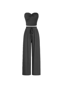 Women's Plain Twist Ruched Crop Tube Top & Tie Front Wide Leg Pants Two-Piece Set, Casual Sleeveless Spaghetti Strap Top & Elastic Waist Trousers for Summer, Ladies Clothes for Daily Wear