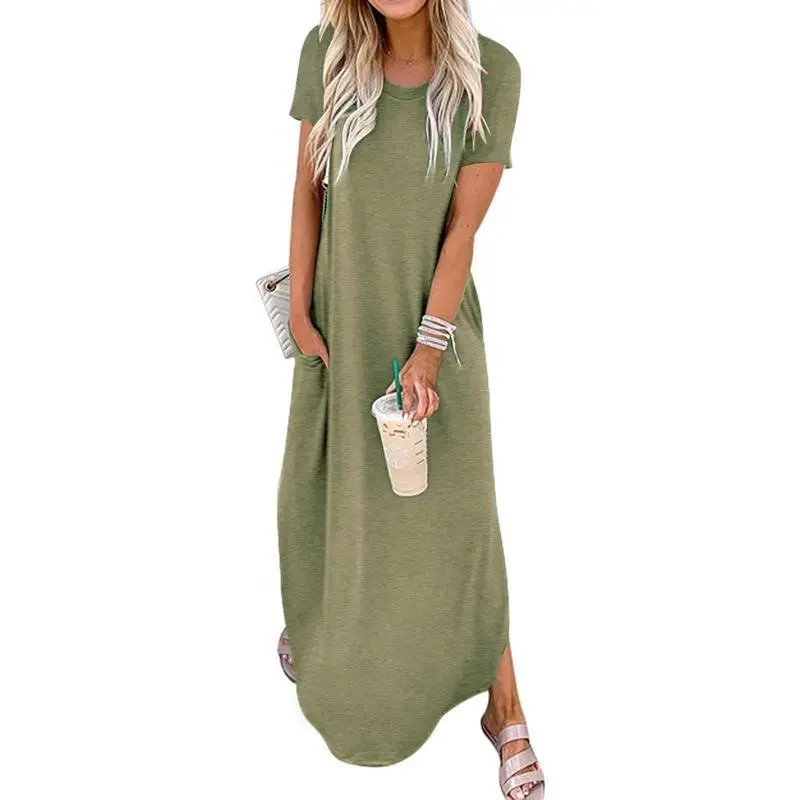 Women's Plain Pocket Round Neck Curved Hem Tee Dress, Ladies Frenchy Style Dresses, Maxi Dress for Women, Casual Short Sleeve Long Dress for Summer, Ladies Clothes for Daily Wear, Summer Dresses 2025 2