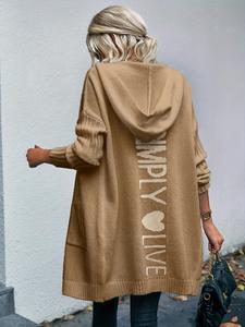 Women's Letter & Heart Print Drop Shoulder Long Sleeve Cardigan, Fashion Casual Pocket Open Front Hooded Cardigan for Daily Outdoor Wear, Women Clothing for Fall & Winter