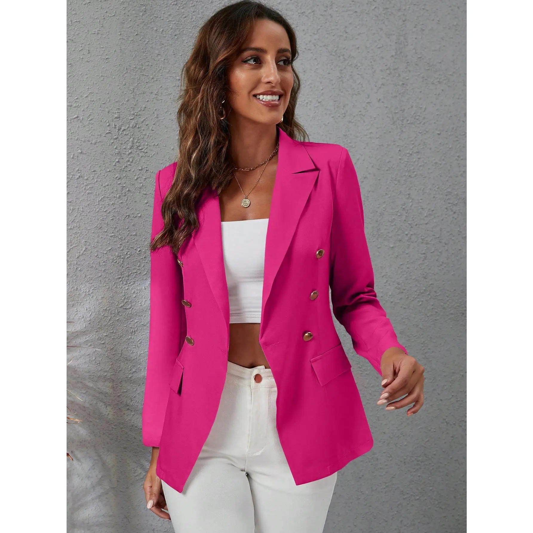 LUNE Solid Double Breasted Blazer Fit Womenswear Pink Suits Comfort Elegant Spring Fabric Polyester Long Sleeve