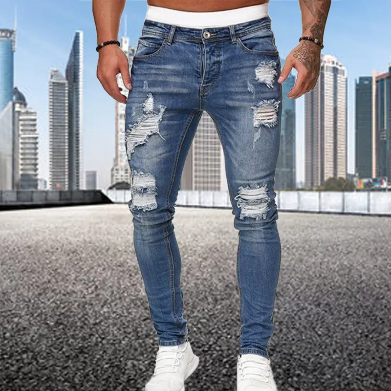Fashion Street Style Ripped Skinny Jeans Men Vintage wash Solid Denim Trouser Mens Casual Slim fit pencil denim Pants hot sale Menswear Streetwear Pocket Beige 5