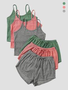 Six-Piece Set Women's Plain Ribbed Shorts Set, Casual Soft Crop Cami Top & Elastic Waist Shorts Set, Summer Clothes, Summer Outfits Set for Outdoor Holiday, Cute Summer Outfit