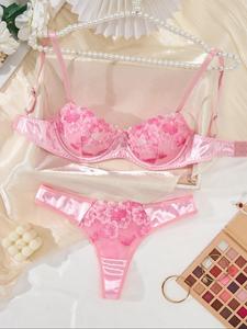 Women's Floral Embroidery Bra & Thong Two-piece Set, Push Up Bra & Thong, Lingerie Set for Women