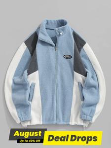 Men's Colorblock Zip Up Longsleeves Pocket Fleece Jacket, Loose Long Sleeve Outerwear for Fall & Winter, Men's Clothes for Daily Wear, Coat, Fashionable Jacket, Casual Style Outerwear, Casual Comfy Jacket