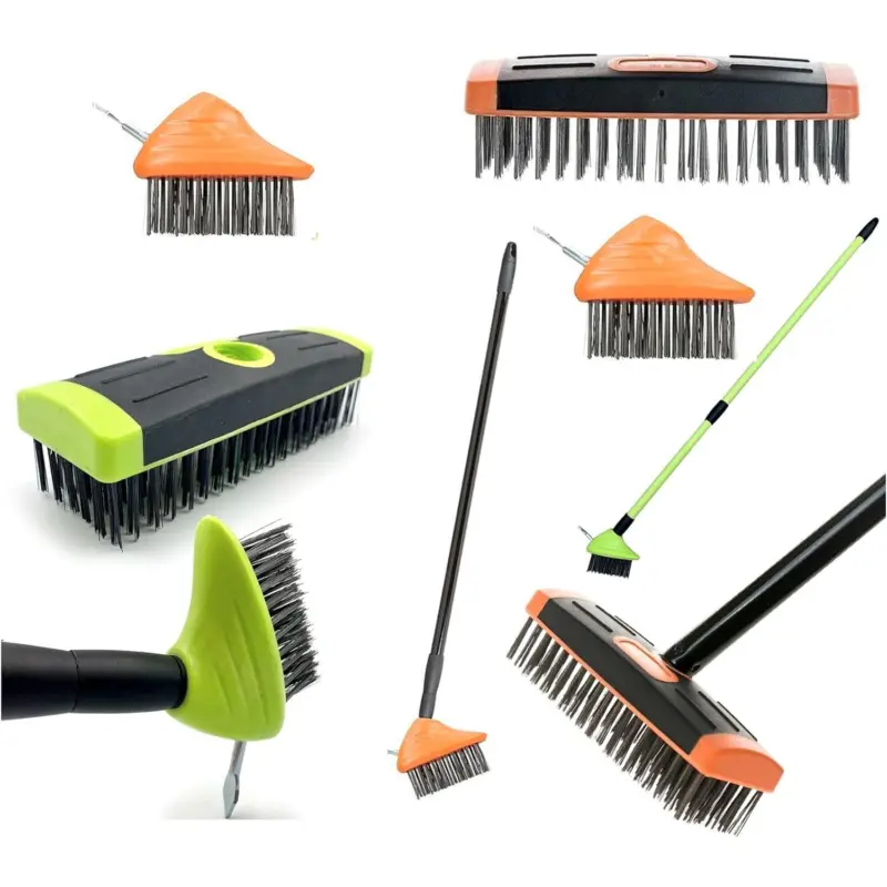3 in 1 Garden Weed Brush Patio Cleaner Twin Head Broom Moss Scraper Removal Tool