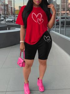 Two-Piece Set Women's Heart Print Tee & Shorts, Casual Short Sleeve T-shirt & Skinny Shorts, Ladies Sportswear for Indoor Outdoor Wear, Clothes