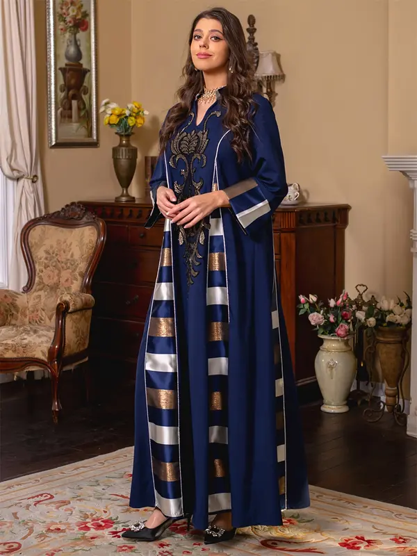 Ramadan-Muslim Elegant V-Neck Embroidered Stripe Kaftan Dress - Modest Long Sleeve Maxi for Women, Polyester, Machine Washable 4