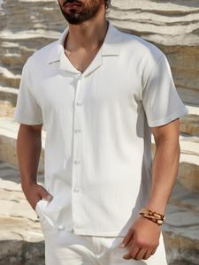 Men's Solid Color Lapel Neck Short Sleeve Shirt, Loose Casual Comfy Top for Summer, Men's Clothes for Beach Vacation