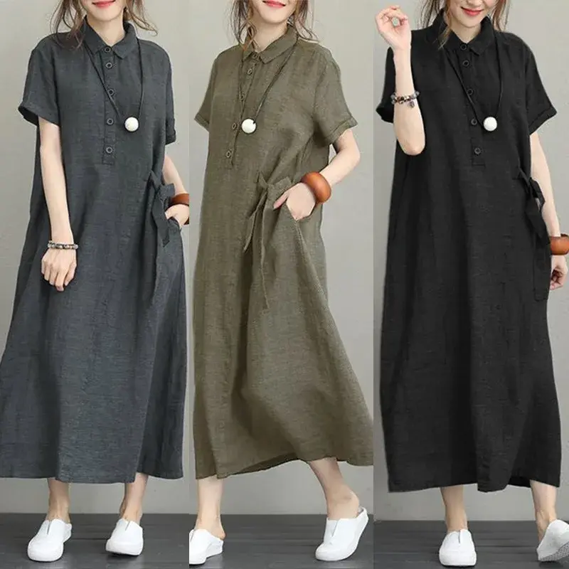 Cross-Border Joy Women's Summer New Short Sleeve Loose-Fit Pocket Solid Color Cotton Linen Lapel Casual Dress 1