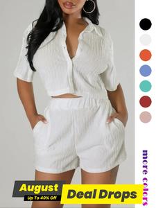 Two-piece Set Women's Textured Button Front Shirt & Elastic Waist Shorts Set, Chic Casual Style Elegance Short Sleeve Collared Top & Pocket Design Shorts, Two-piece Outfits for Women, Womenswear