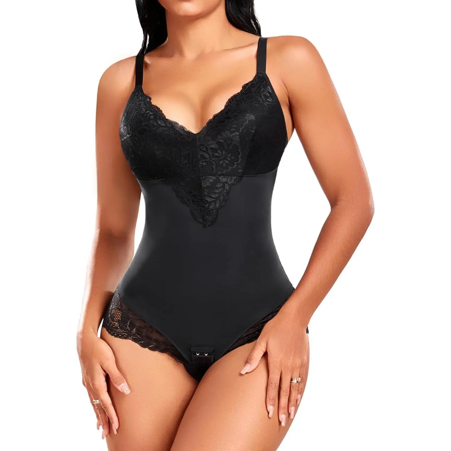 Women Shapewear Bodysuit Tummy Control Full Body Shaper Seamless Sculpting Adjustable Straps V Neck Lace Shaping Leotard Tops Waist Trainer Vest