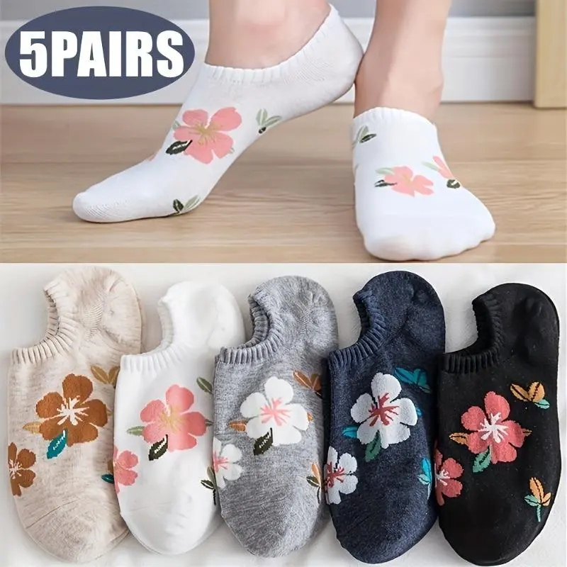 5-Pair Women'S No-Show Floral Socks - Breathable Stretch Polyester with Comfort Rib-Knit