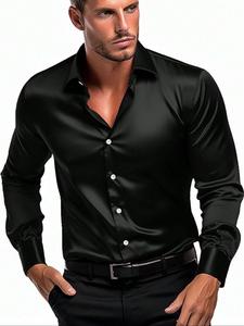 Men's Solid Button Front Shirt, Men's All-season Style Fashion Versatility Basic Slim Satin Luxury Long-sleeved Shirt, Basic Tops, Casual Men's Leisure Top for Spring & Fall, Men's Clothing