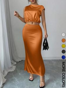 Women's Basic Solid Asymmetrical Neck Top & Mermaid Skirt Satin Two-piece Set, Chic Elegant Fashion Casual Top & Skirt for Daily Outdoor Wear, Women's Clothing for All Seasons