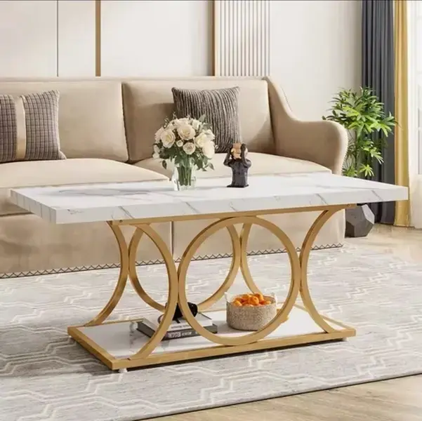 Tribesigns 47" Rectangle Coffee Table, 2-Tier Faux Marble with Metal Legs, White