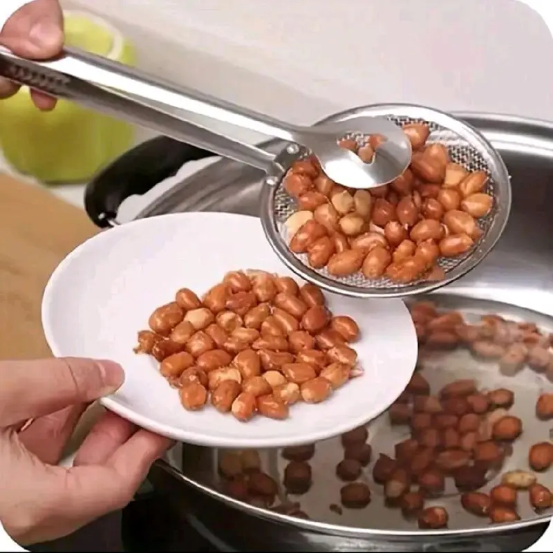 Stainless Steel Oil Strainer Spoon with Long Handle for Frying Food - Kitchen Utensil Tongs 3