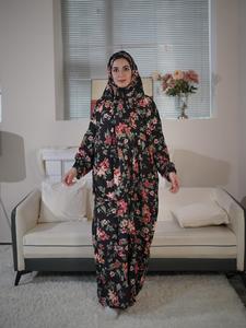 Women's Floral Print Long Sleeve Maxi Prayer Dress with Scarf, Elegant Bishop Sleeve Long Robe, Muslim Clothing for All Seasons